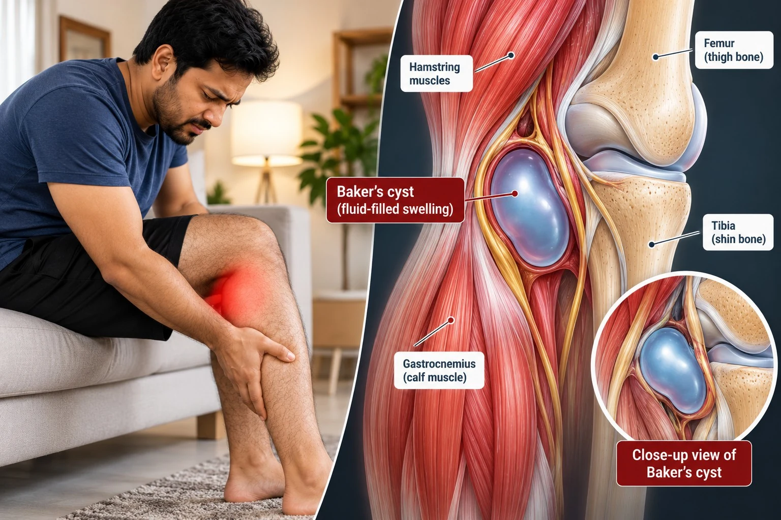 Posterior knee anatomical illustration showing a fluid-filled Baker’s cyst behind the knee.