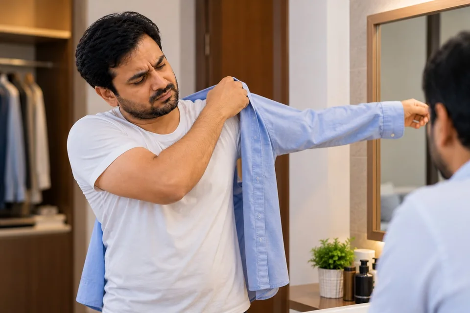Adult having difficulty putting on a shirt because shoulder movement is painful or restricted.