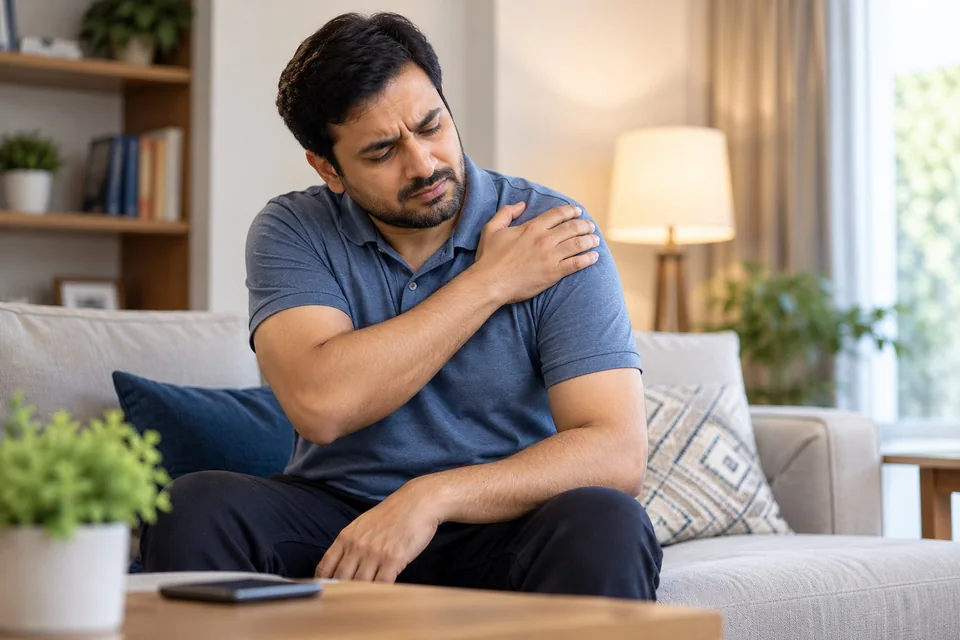 Adult sitting at home and gently holding a painful shoulder, illustrating gradually developing shoulder discomfort.