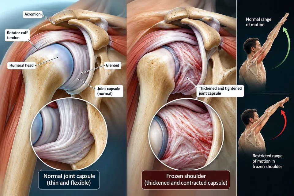 Medical illustration comparing a normal shoulder joint capsule with the thickened, tightened capsule associated with frozen shoulder, alongside examples of restricted shoulder elevation.