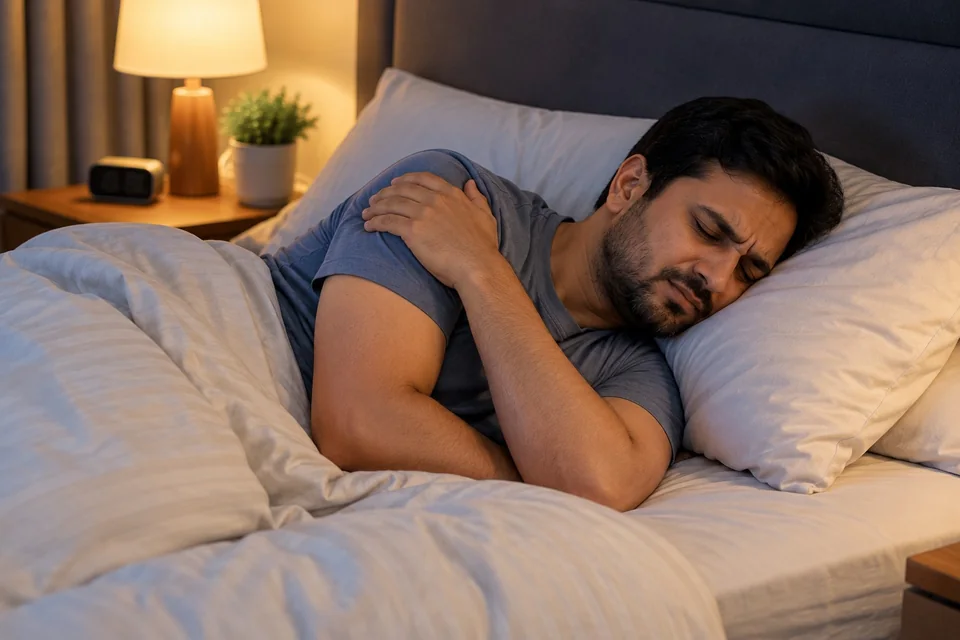 Adult lying in bed while supporting a painful shoulder, illustrating shoulder pain that can disturb sleep.