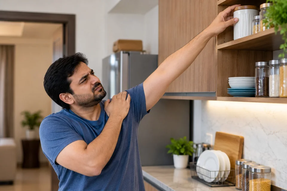 Adult reaching toward a high kitchen shelf while experiencing restricted overhead shoulder movement.