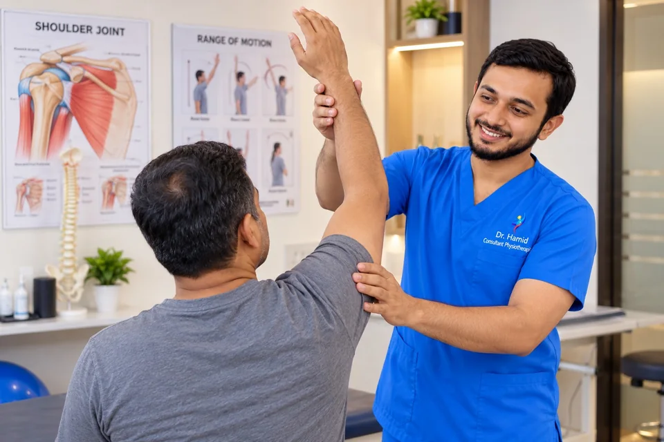 Physiotherapist assessing a patient’s shoulder range of motion in a clinic.