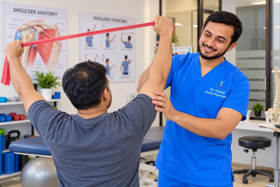 Physiotherapist supervising a patient performing a gentle resistance-band shoulder mobility exercise in a clinic.