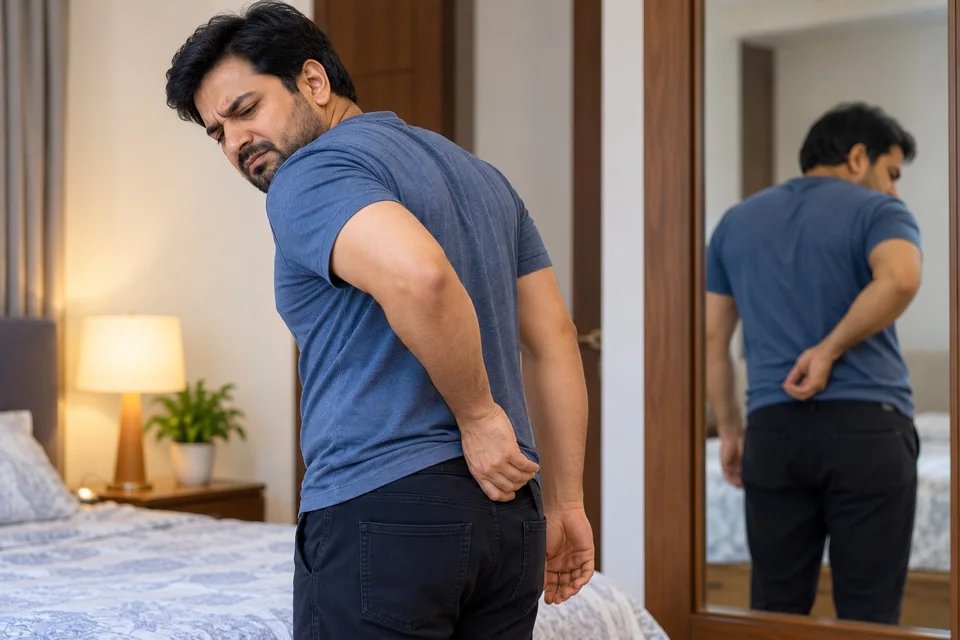 Adult attempting to reach behind the back, illustrating a common functional difficulty with shoulder stiffness.