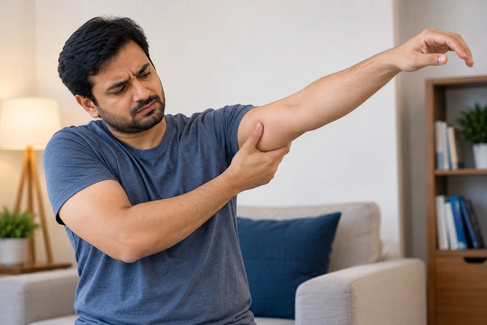 Adult supporting the affected arm while attempting shoulder movement, illustrating increasing stiffness and discomfort.