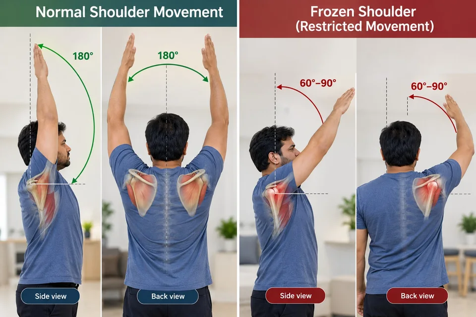 Educational comparison of normal shoulder elevation and reduced elevation in frozen shoulder; the illustrated angles are examples and are not universal diagnostic thresholds.