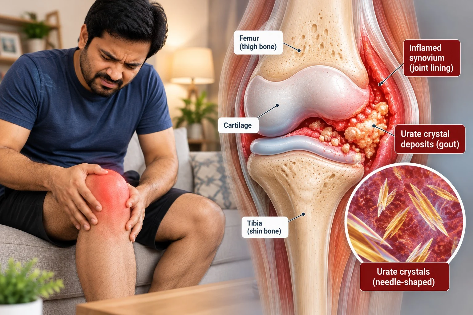 Medical illustration of urate crystal deposits and inflammation inside a knee joint.