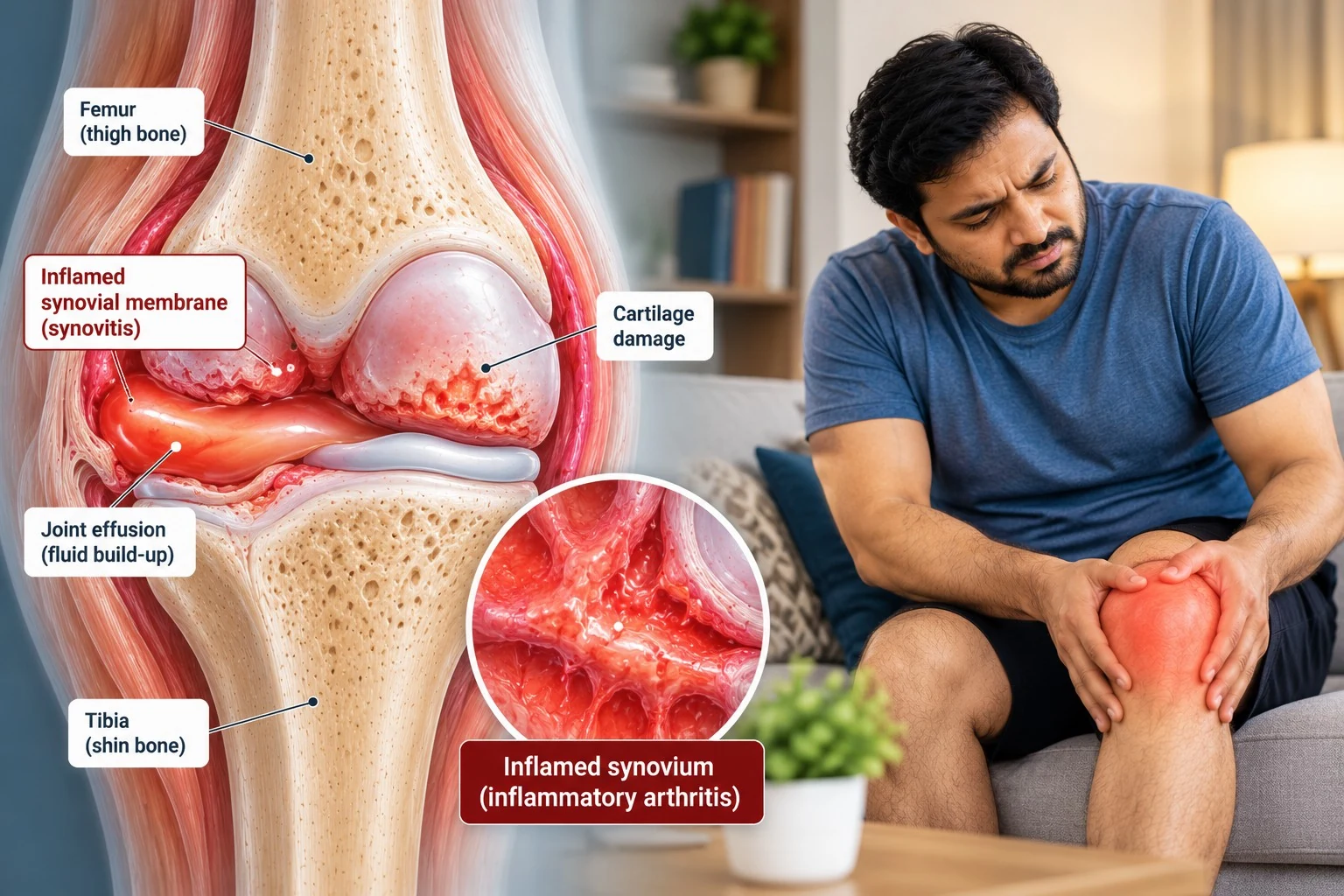 Medical illustration showing inflammation of the knee joint lining and fluid build-up.