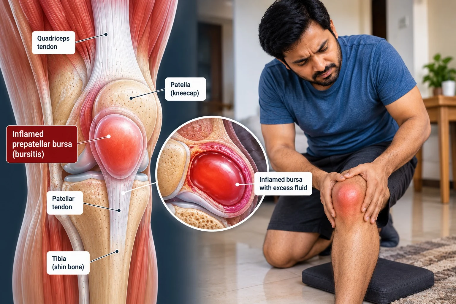 Medical illustration of an inflamed prepatellar bursa in front of the kneecap alongside a person holding a swollen knee.