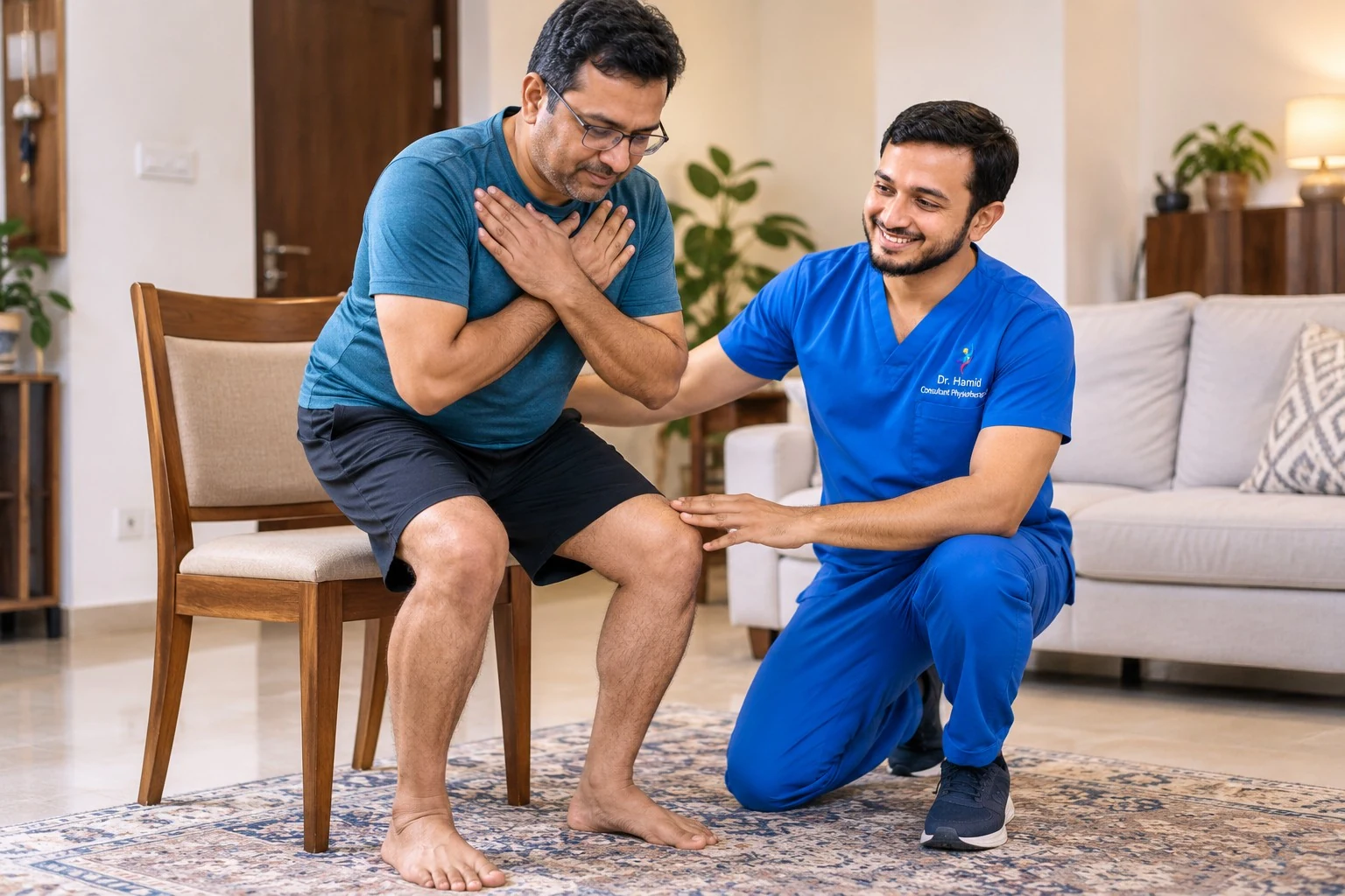 Physiotherapist supporting a patient during a controlled sit-to-stand exercise at home.