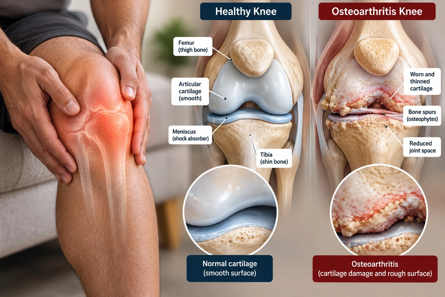 Medical comparison of a healthy knee joint and a knee with osteoarthritis showing cartilage wear, bone spurs and reduced joint space.