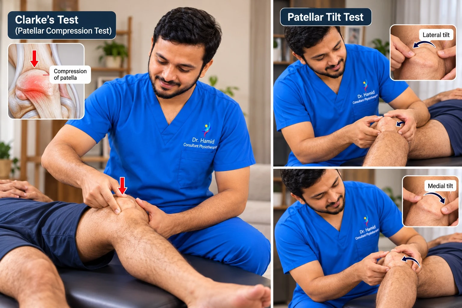 Physiotherapist in blue scrubs examining a patient’s knee, with educational panels showing Clarke’s test and patellar tilt assessment.