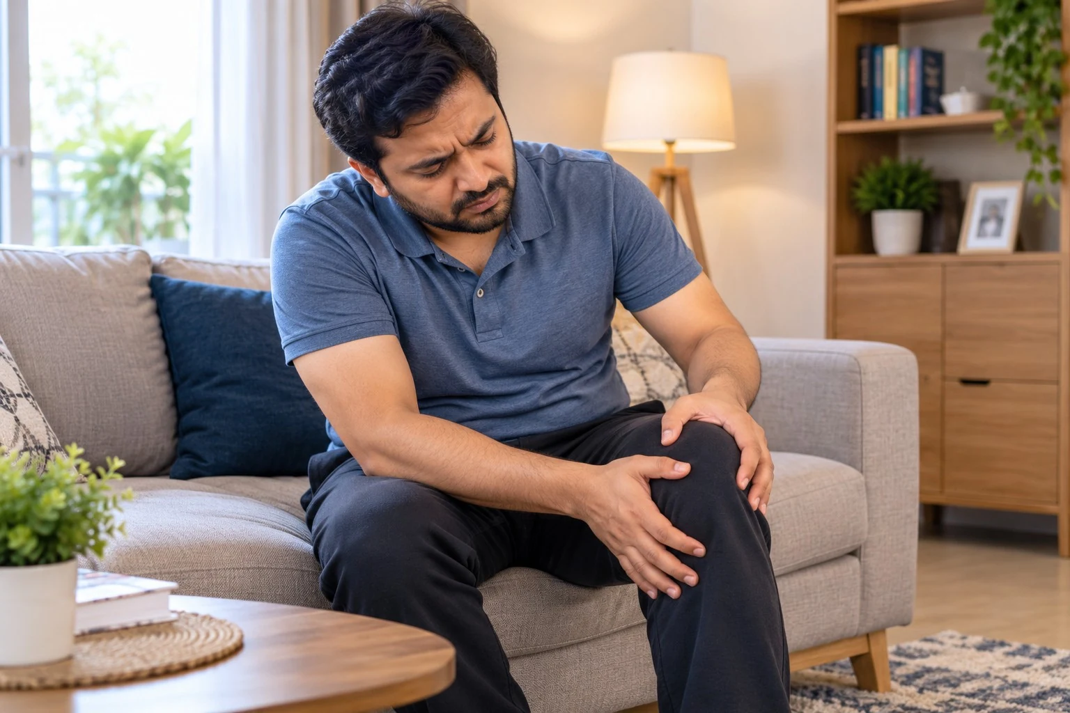 Adult man seated on a sofa at home, holding his knee because of pain without an obvious recent injury.