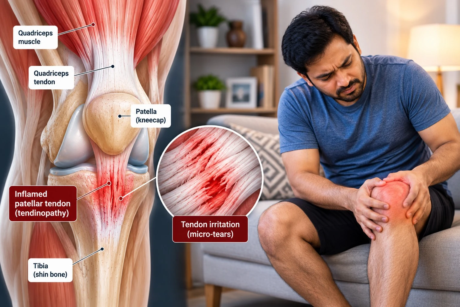 Medical illustration of the quadriceps and patellar tendons with a magnified view of tendon changes and a person experiencing knee pain.