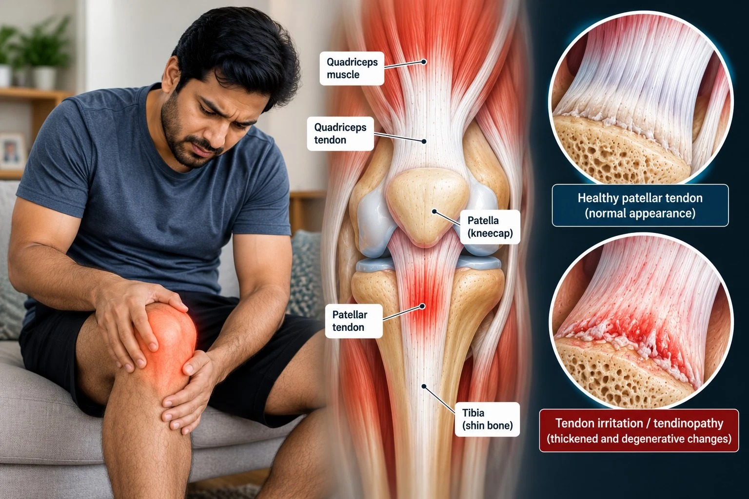 Medical illustration highlighting the quadriceps tendon and patellar tendon around the front of the knee.