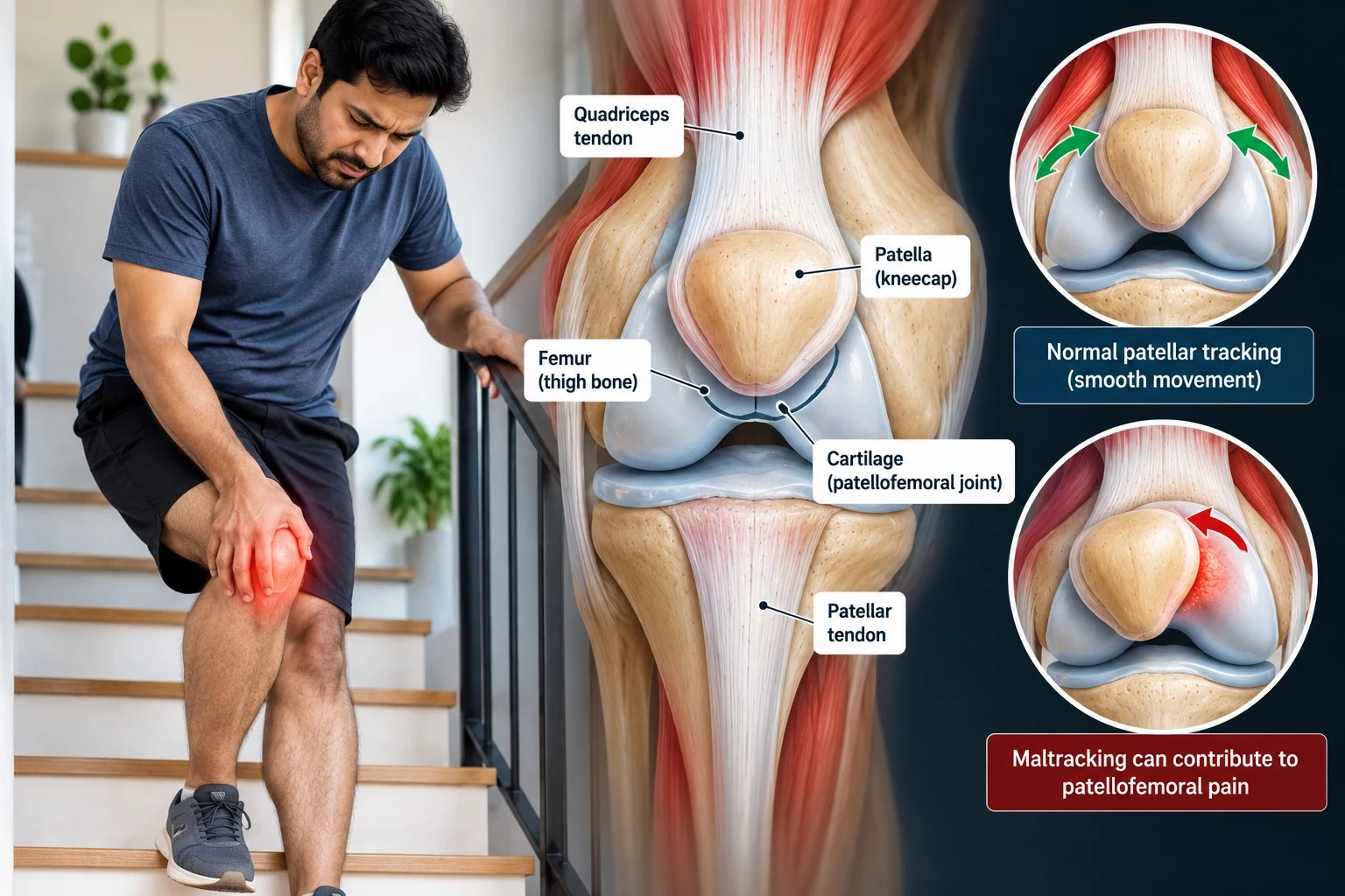 Medical illustration of the kneecap and patellofemoral joint, with examples of normal tracking and altered tracking.