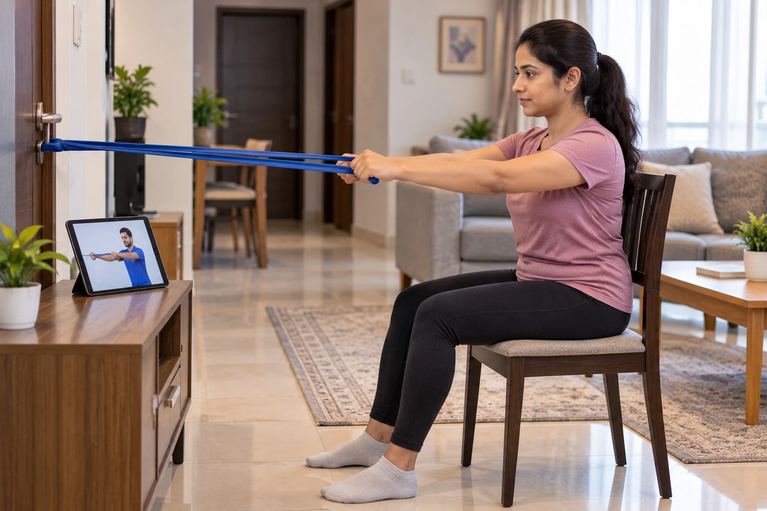 Patient practicing a prescribed resistance-band exercise independently at home between physiotherapy appointments.