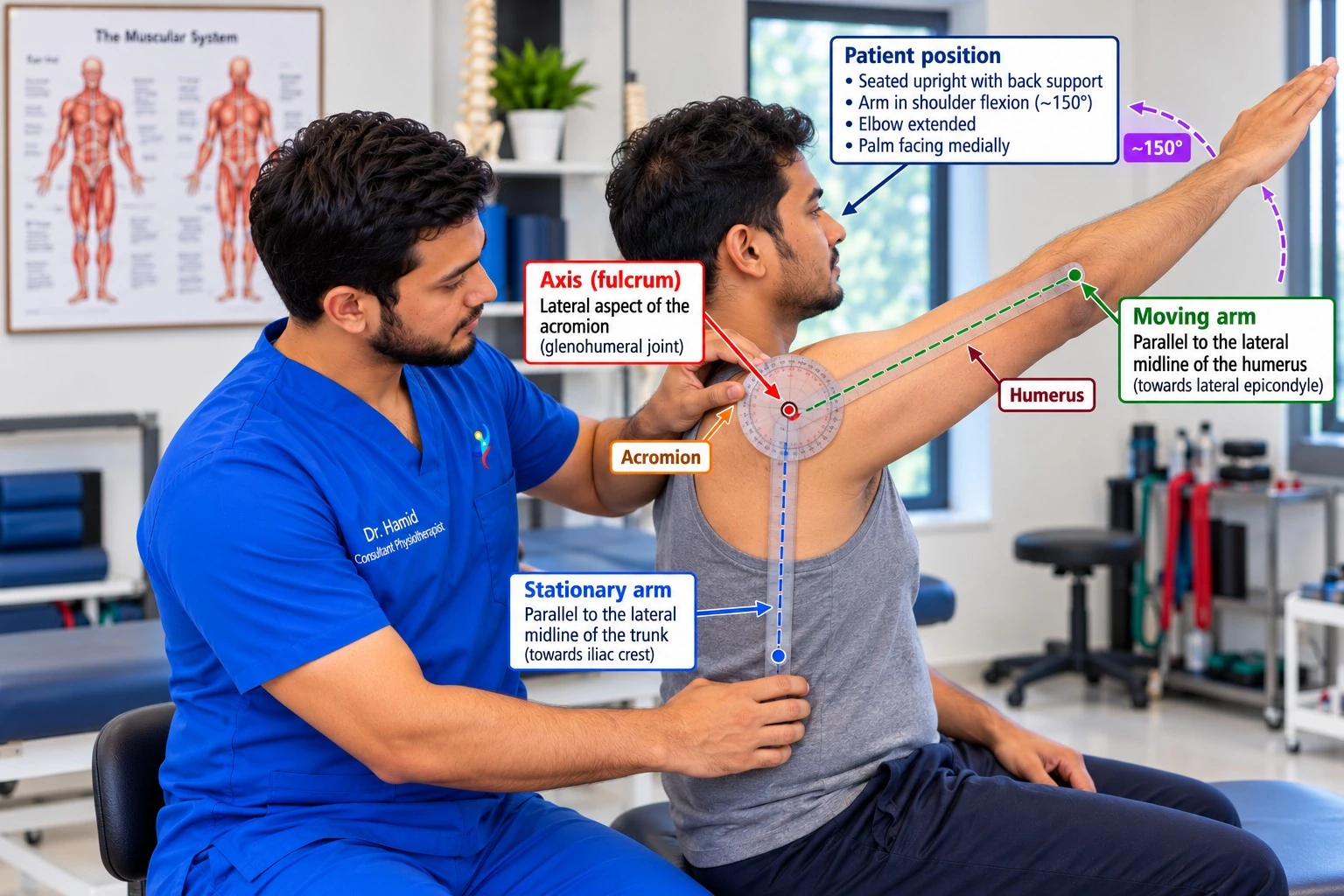 Physiotherapist measuring a patient's shoulder flexion range of motion with a universal goniometer during assessment.