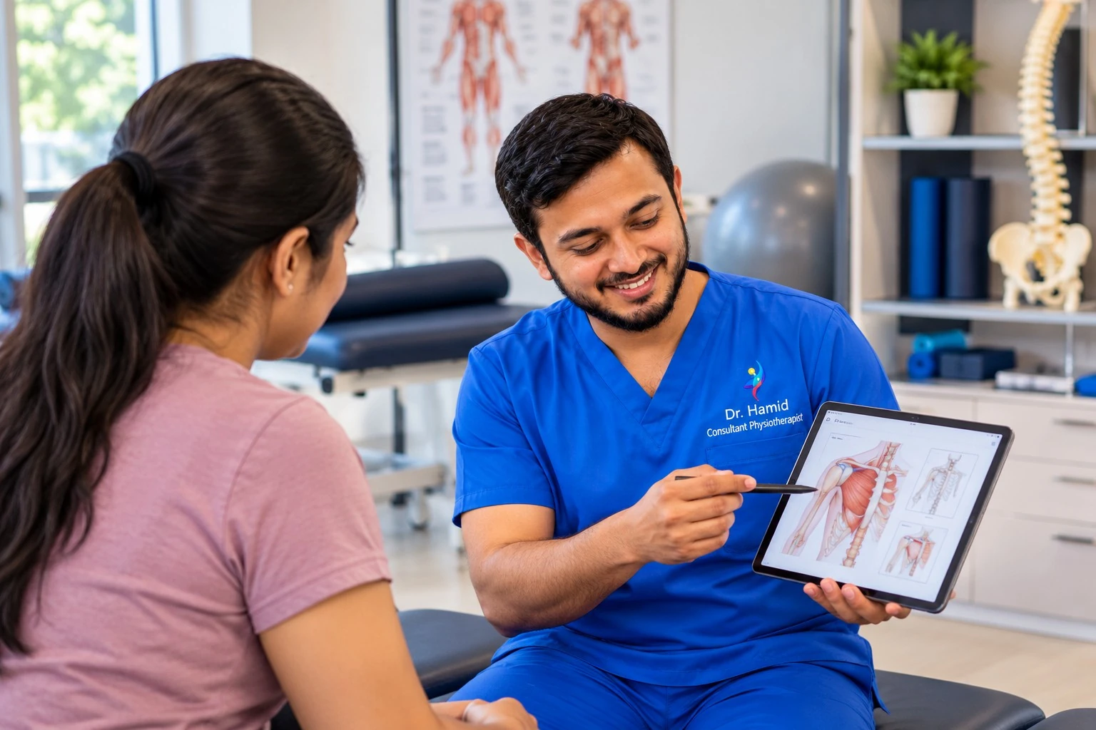 Physiotherapist explaining an individualized treatment plan using an anatomical illustration on a tablet.