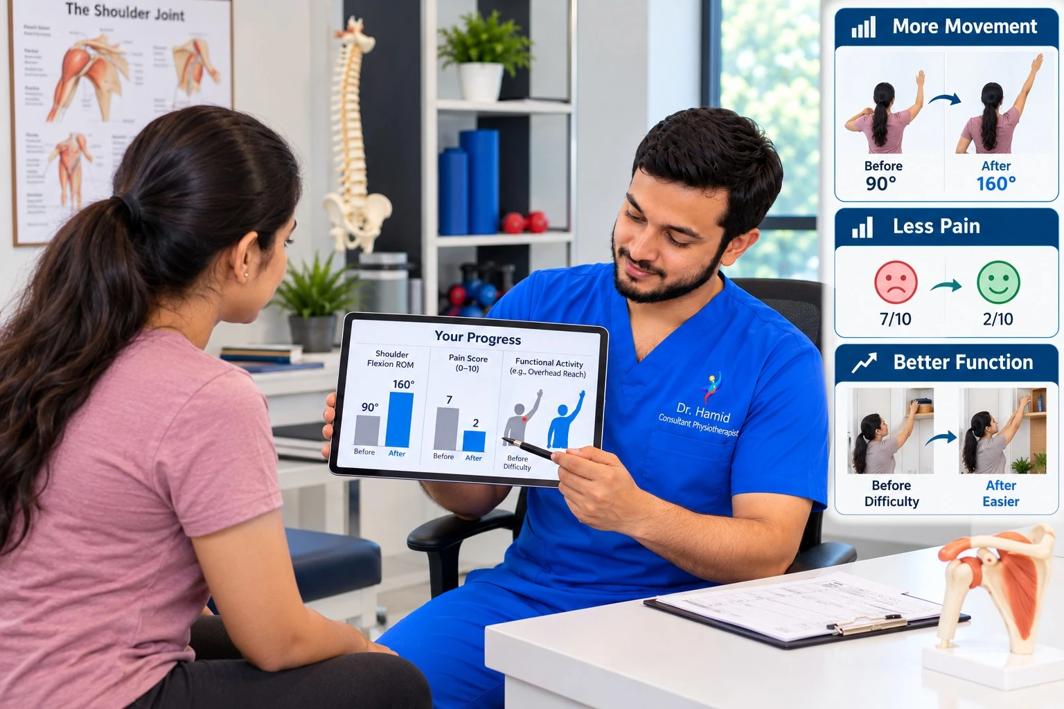 Physiotherapist reviewing an illustrative before-and-after chart of movement, pain rating, and daily function with a patient.