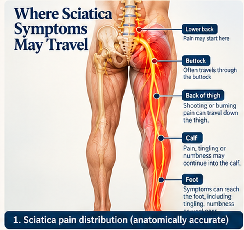 Diagram showing possible sciatica symptoms travelling from the lower back through the buttock and down one leg toward the foot