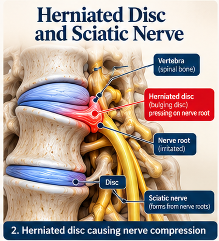 Illustration of a herniated disc pressing on a spinal nerve root beside the sciatic nerve
