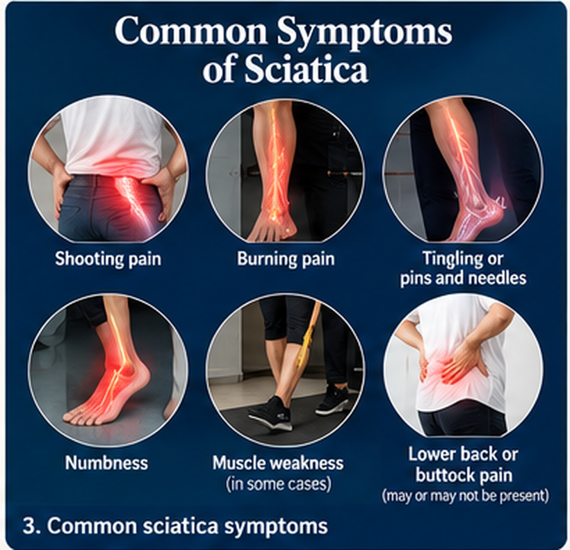 Graphic showing common sciatica symptoms including shooting or burning pain, tingling, numbness, possible weakness, and lower back or buttock pain