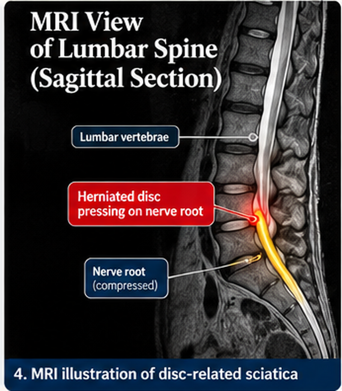 MRI-style sagittal illustration of the lumbar spine showing a herniated disc pressing on a nerve root