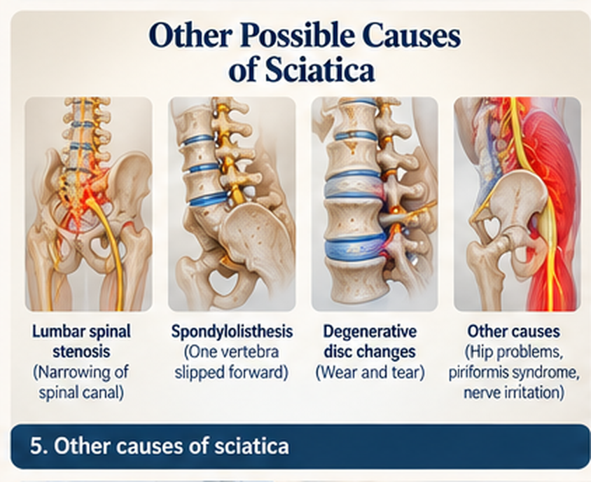 Illustration of other possible contributors to sciatica-like symptoms, including lumbar stenosis, spondylolisthesis, disc changes, hip problems, piriformis syndrome and nerve irritation