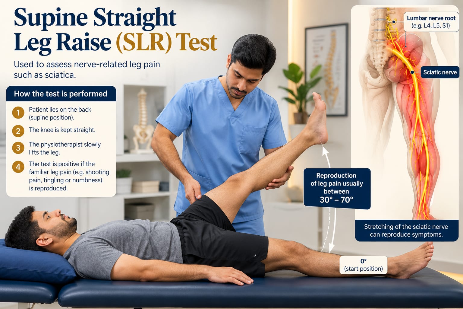 Illustration of a physiotherapist assessing a patient's leg, with symptom history, movement and neurological examination, functional testing and an individualized rehabilitation plan