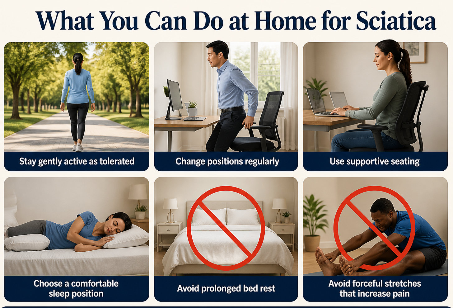 Graphic with general home strategies for sciatica: gentle activity, regular position changes, back support, comfortable sleep positions, and avoiding prolonged bed rest or painful stretches