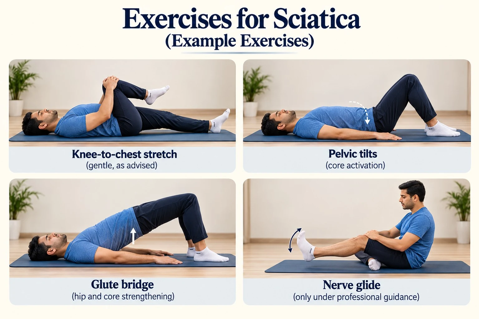 Examples of exercises shown for sciatica: knee-to-chest stretch, pelvic tilts, glute bridge and nerve glide with professional guidance