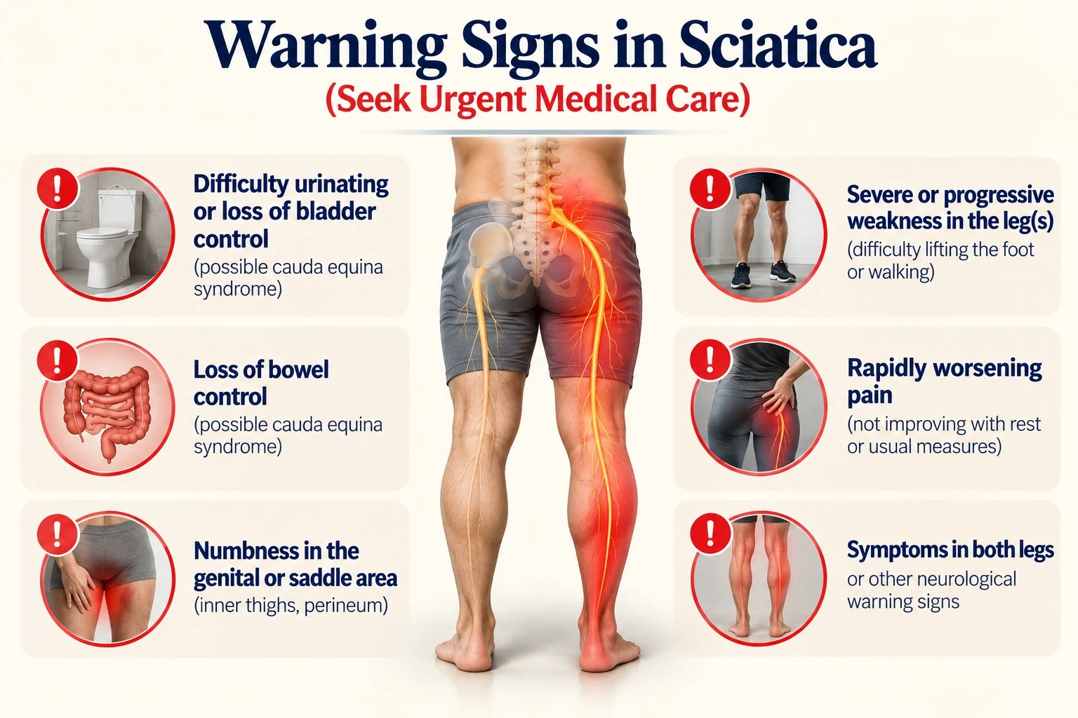 Warning signs graphic listing bladder or bowel changes, saddle-area numbness, severe or progressive weakness, rapidly worsening pain, fever with severe back pain and symptoms in both legs