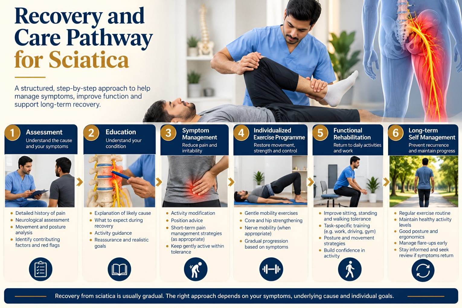 Illustration of a sciatica recovery pathway from assessment and education through individualized rehabilitation, progress monitoring and return to everyday activity