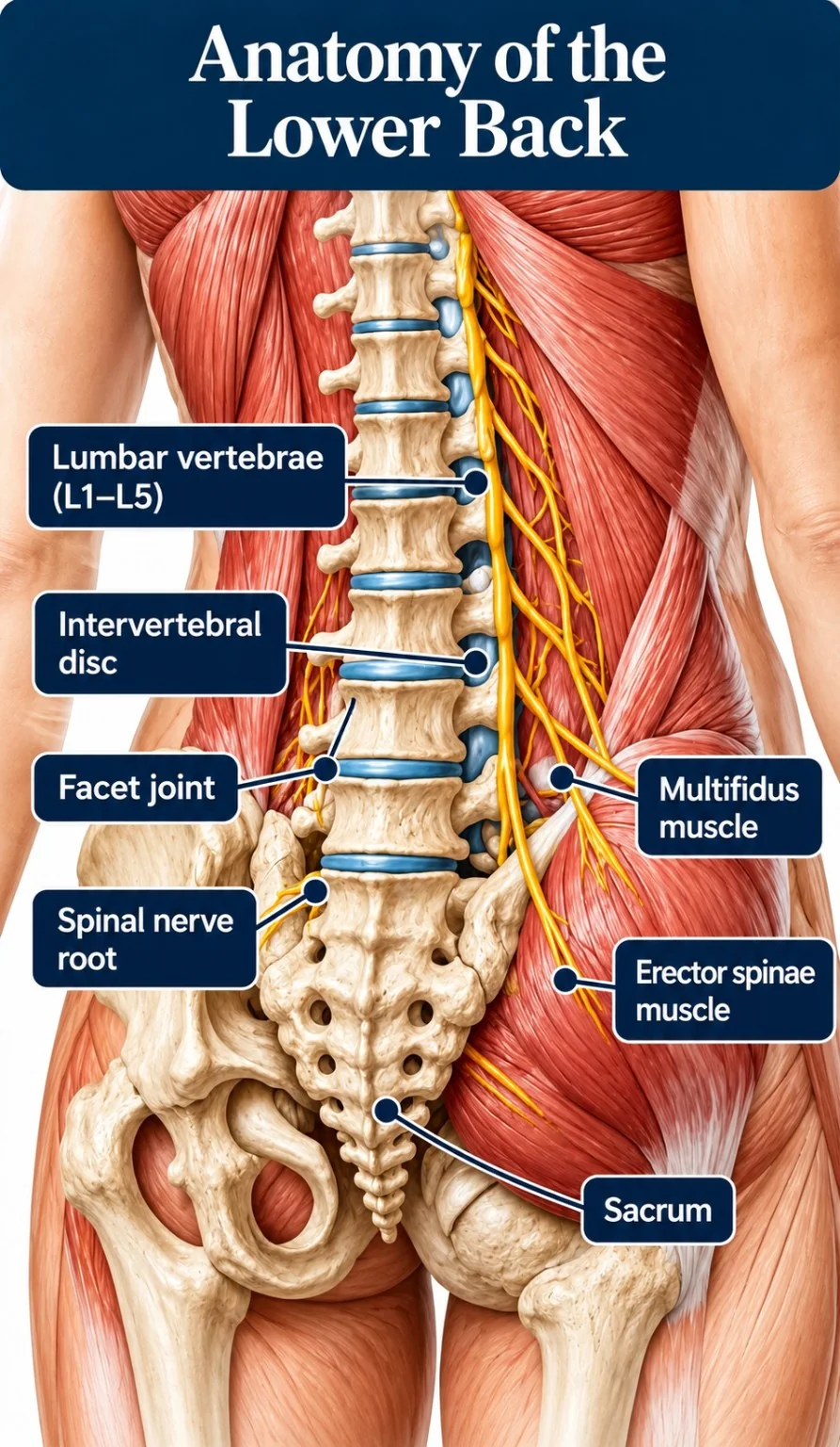 Anatomy of the lower back showing lumbar vertebrae, intervertebral discs, facet joints, nerve roots and supporting muscles