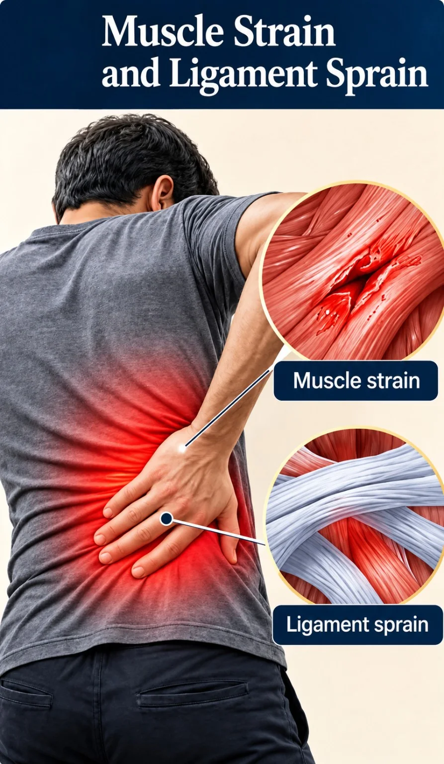 Lower back discomfort with illustrative details of muscle strain and ligament sprain