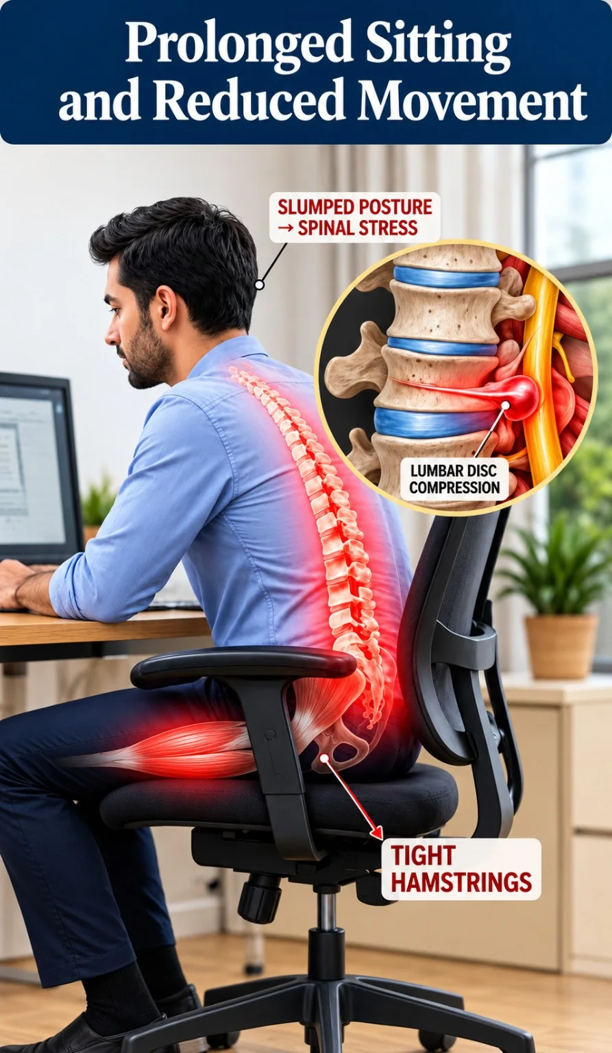 Office worker sitting at a desk with highlighted lower-back discomfort, illustrating how prolonged sitting and reduced movement may contribute to symptoms.