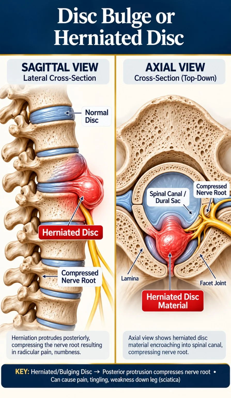 Lumbar disc herniation illustration showing disc material and a nearby nerve root