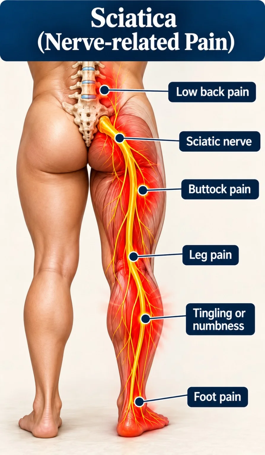 Illustration showing a possible sciatica symptom pattern from the lower back and buttock into one leg
