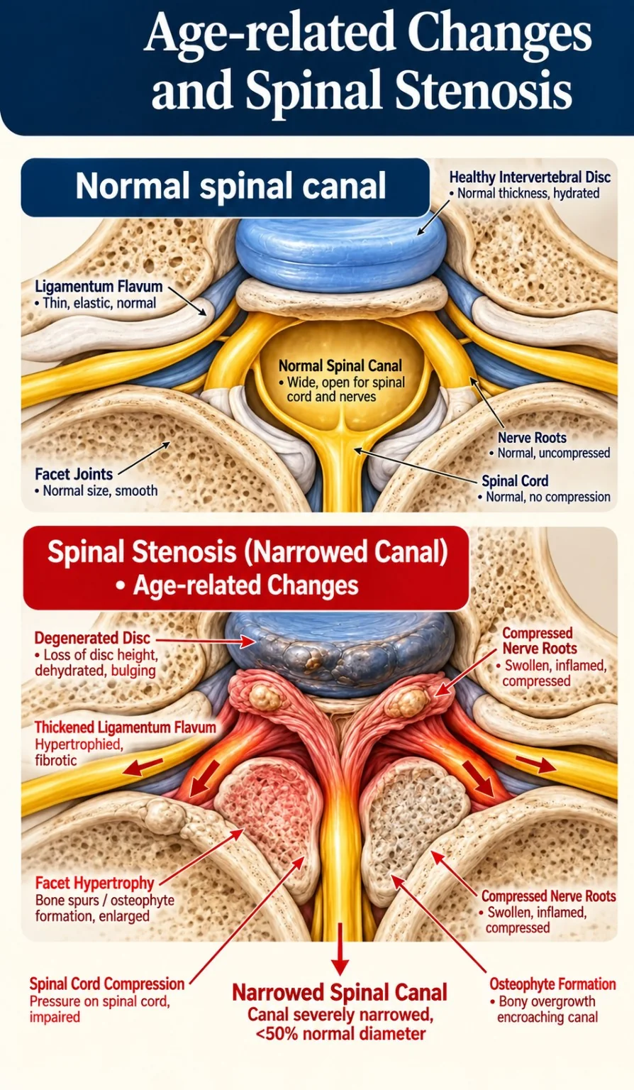 Comparison of a normal spinal canal and a narrowed canal with age-related changes