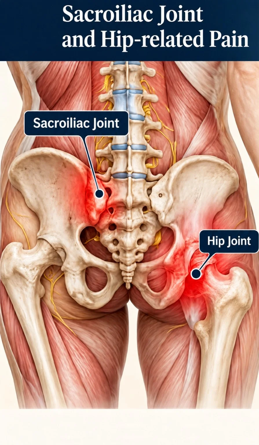 Pelvic anatomy highlighting the sacroiliac joints and hip joints
