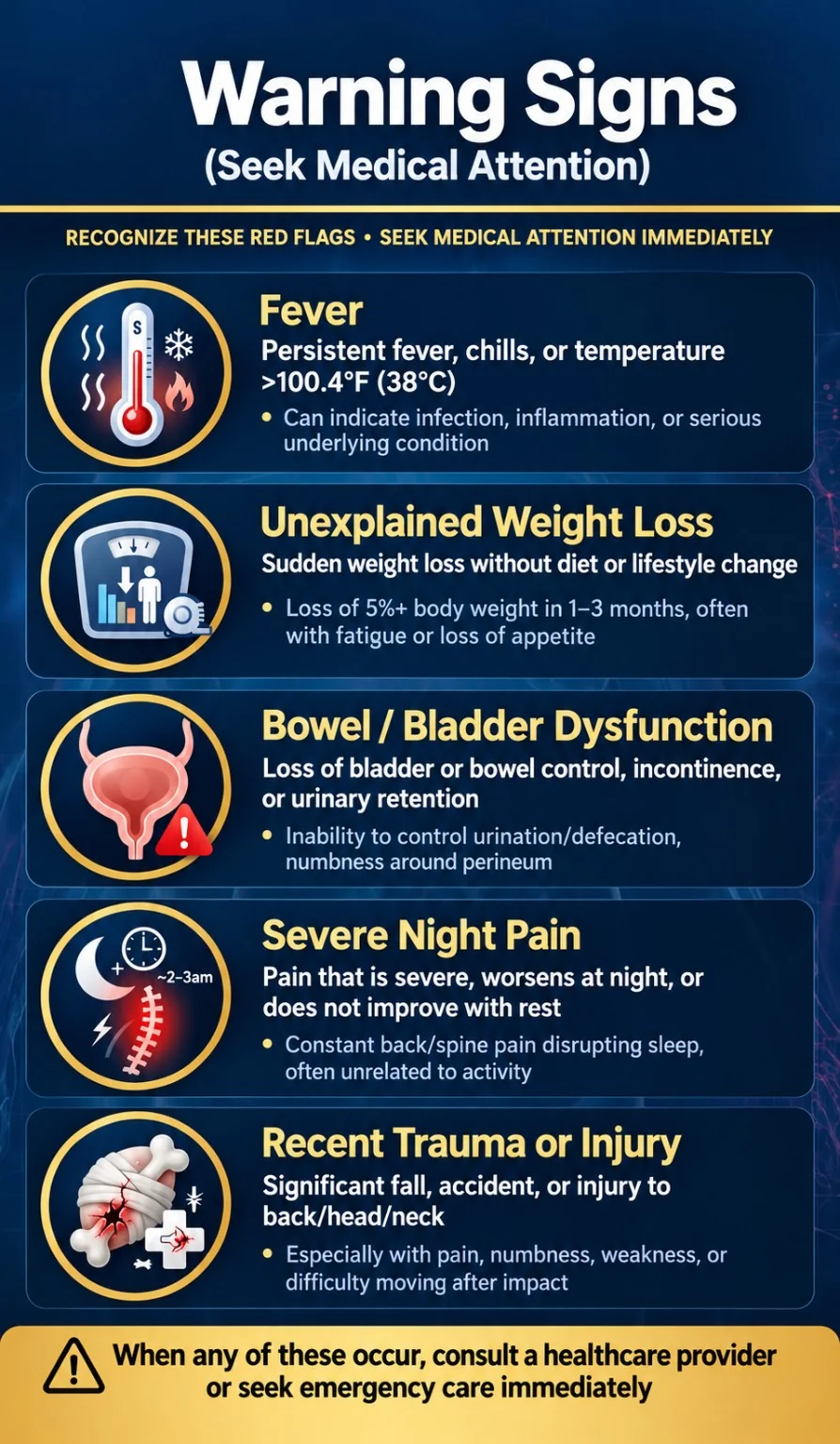 Warning-sign infographic illustrating symptoms that may require prompt medical assessment