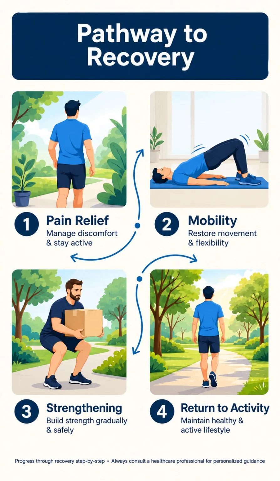 Gradual return to activity through walking, mobility, strengthening and daily activity