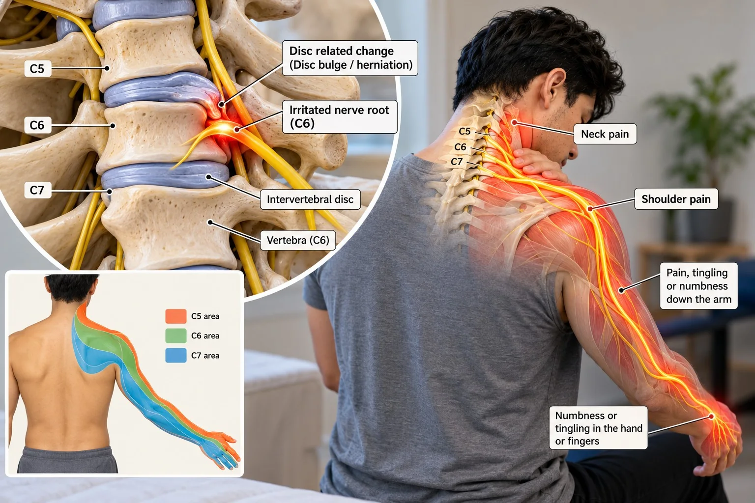 Illustration of possible cervical nerve-root irritation and symptoms that may travel into the shoulder, arm and hand