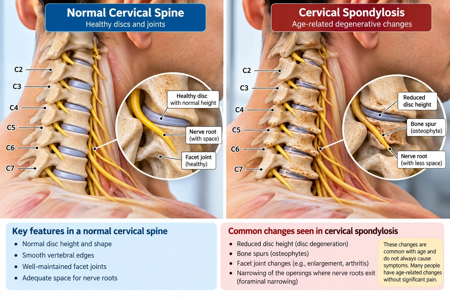 Comparison of a typical cervical spine and cervical spondylosis-related changes, which may not always cause symptoms