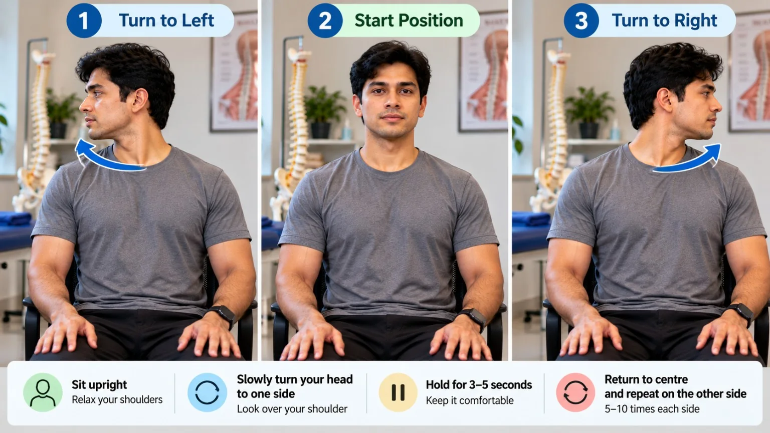 Adult seated upright demonstrating gentle active neck rotation within a comfortable range