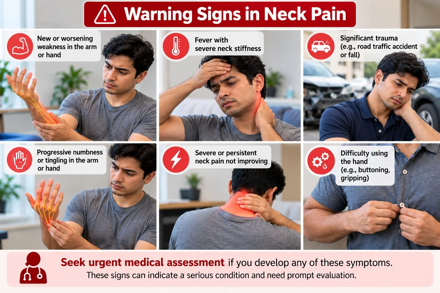 Visual guide to neck-pain warning signs including new arm weakness, fever with severe stiffness and significant trauma