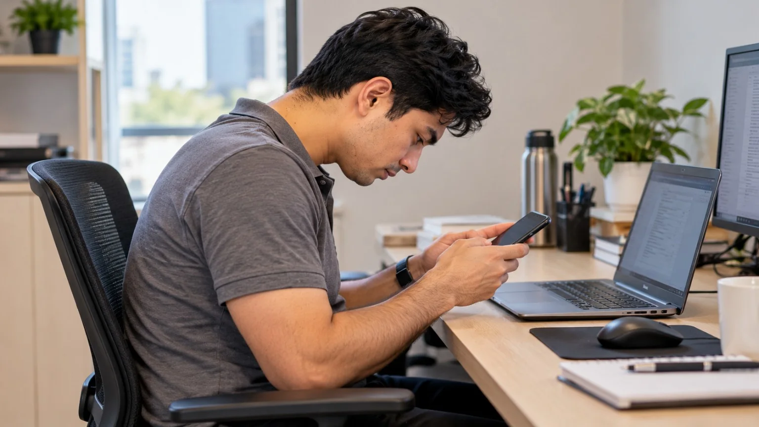 Adult looking down at a smartphone while seated at a desk, illustrating a common daily neck-loading position