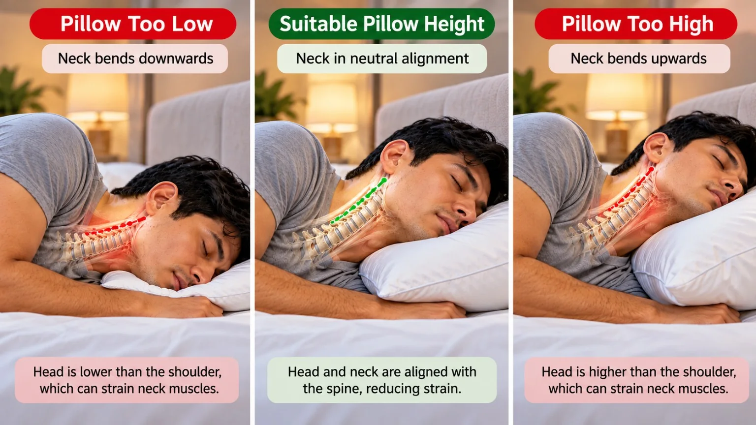 Visual comparison of low, suitable and high pillow support during side sleeping